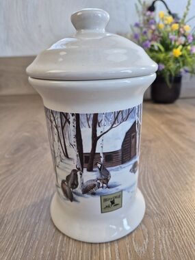 Field & Stream Ceramic Canister with Winter Cabin Quail Scene Birds